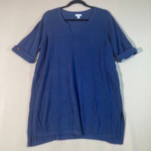 J Jill Top XL Blue Linen Blend Tunic Style V-Neck Short Sleeve Lagenlook Comfort